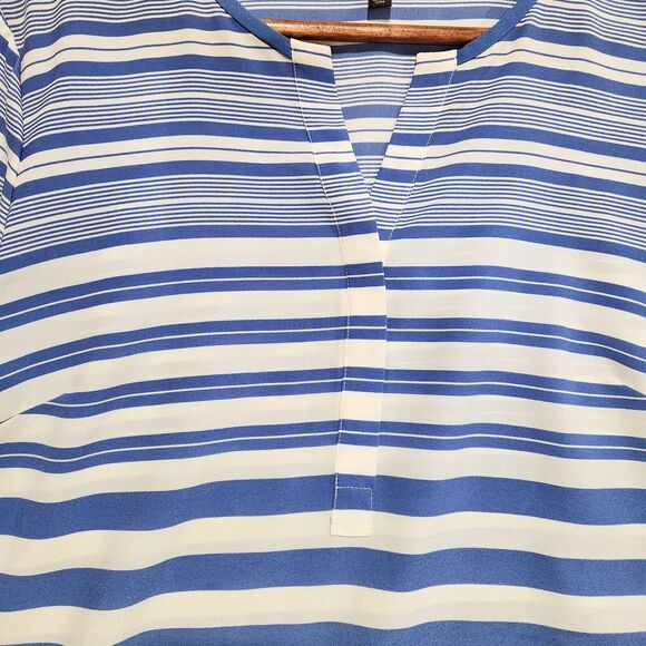 Talbots Blue White Striped Semi Sheer Split Neck Roll Tab Sleeve Blouse Size LP - Picture 3 of 10